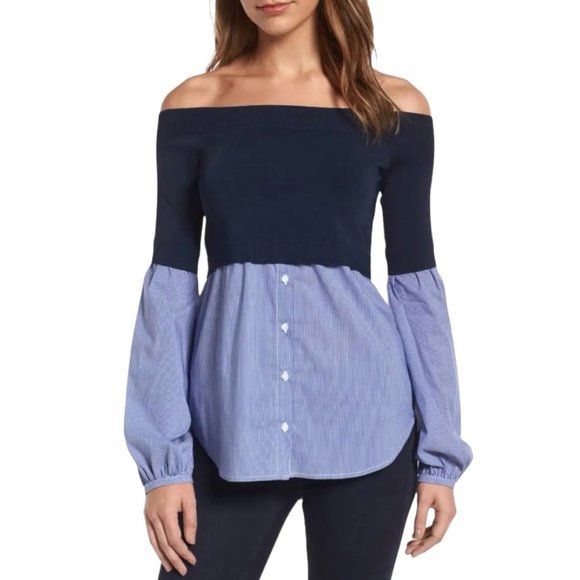 Trouve Tops - Trouve Off The Shoulder Poplin Sweater